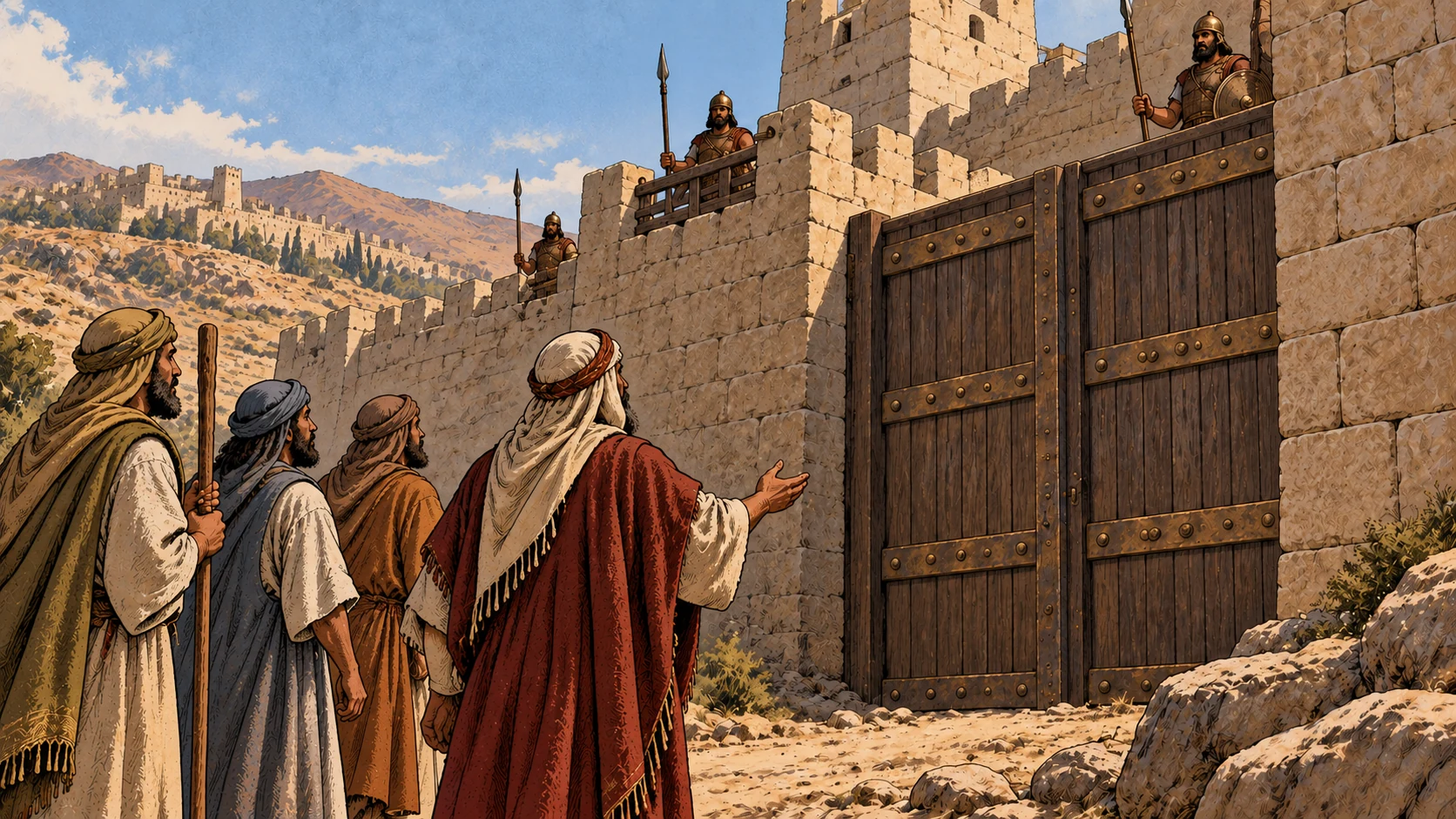Unarmed messengers face firmly closed gates with guards above.