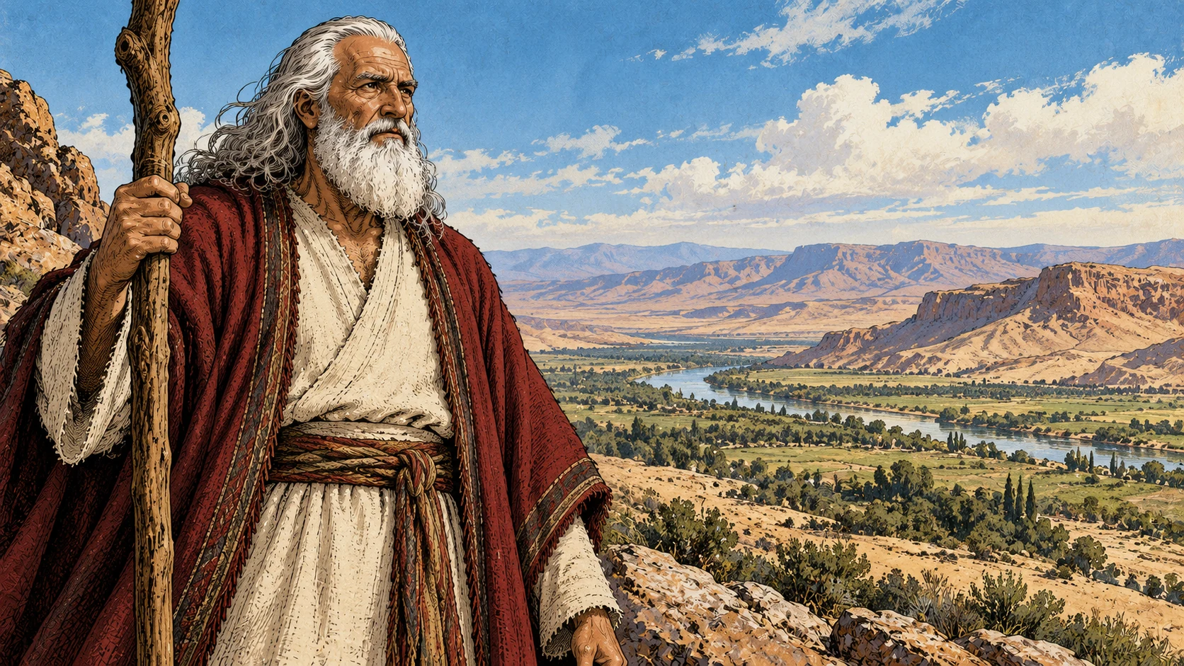 Moses stands resolute beside his staff overlooking the eastern plain.