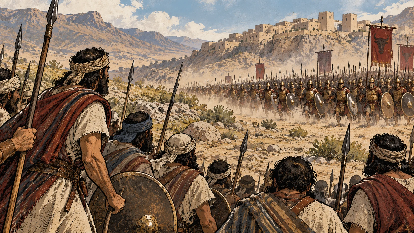 An opposing army advances across the plain toward Israelite ranks.