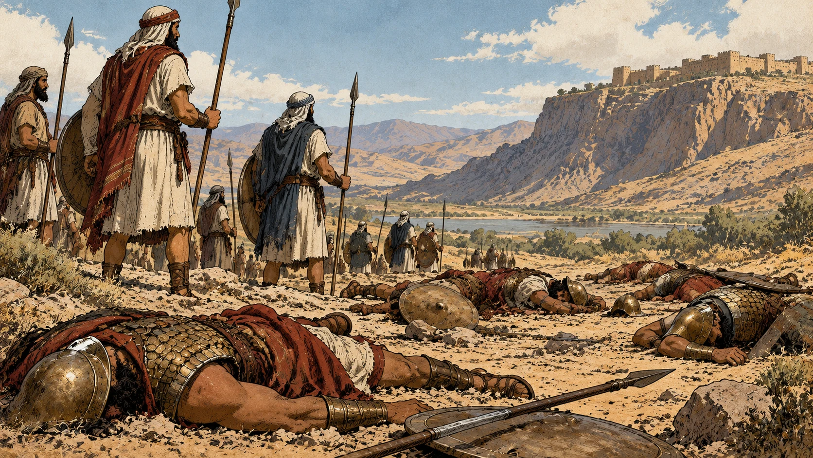 Defeated fighters lie on the dusty field as Israelites remain standing.