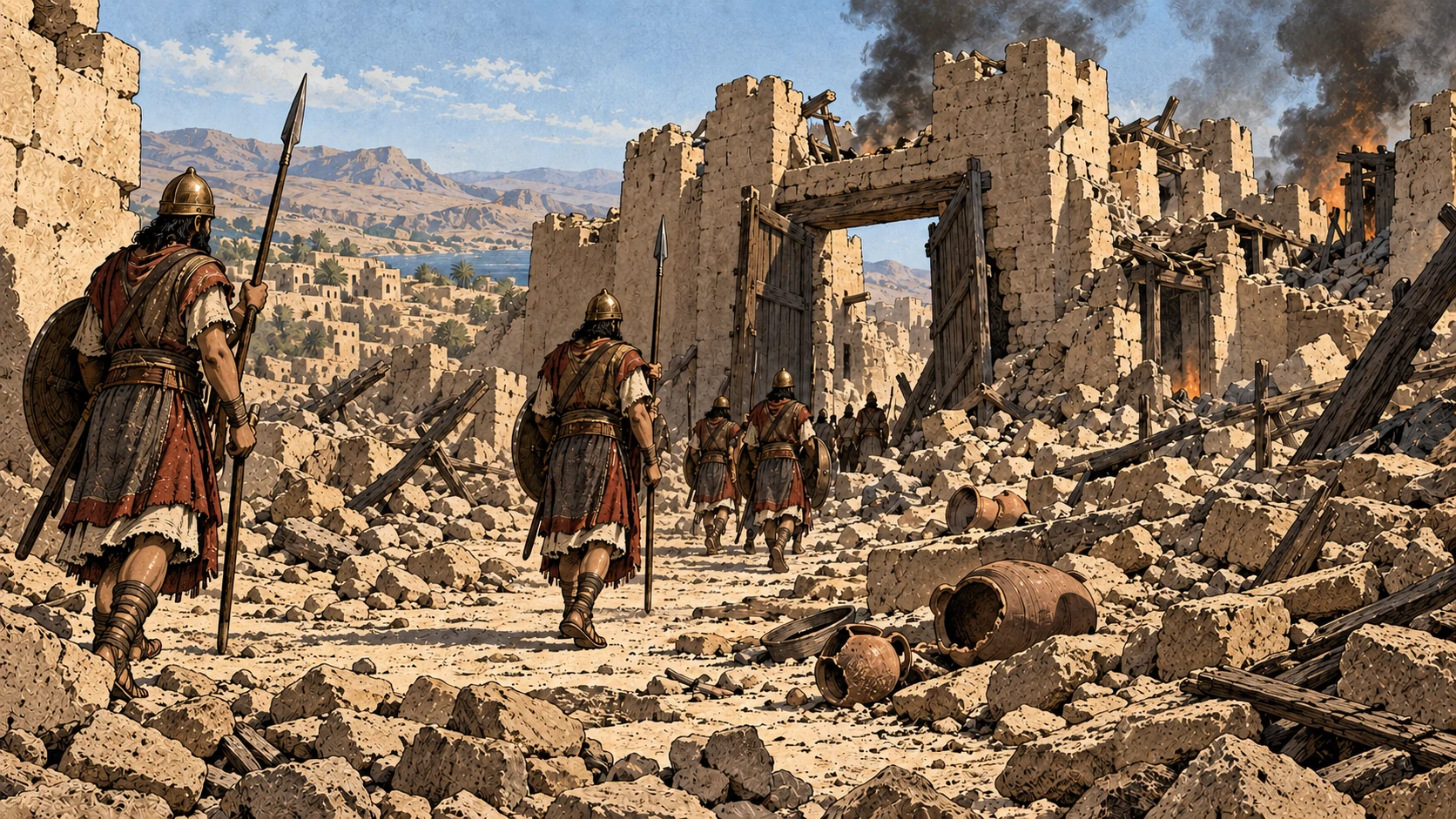 Armed Israelites pass through a devastated city’s breached gate.