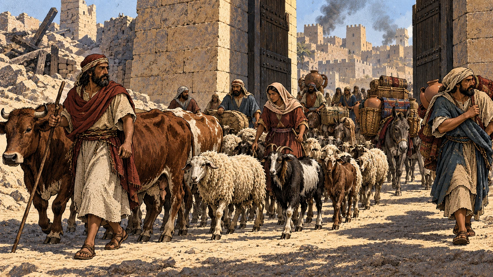 Israelites lead cattle, sheep and goats through a captured city’s gate.