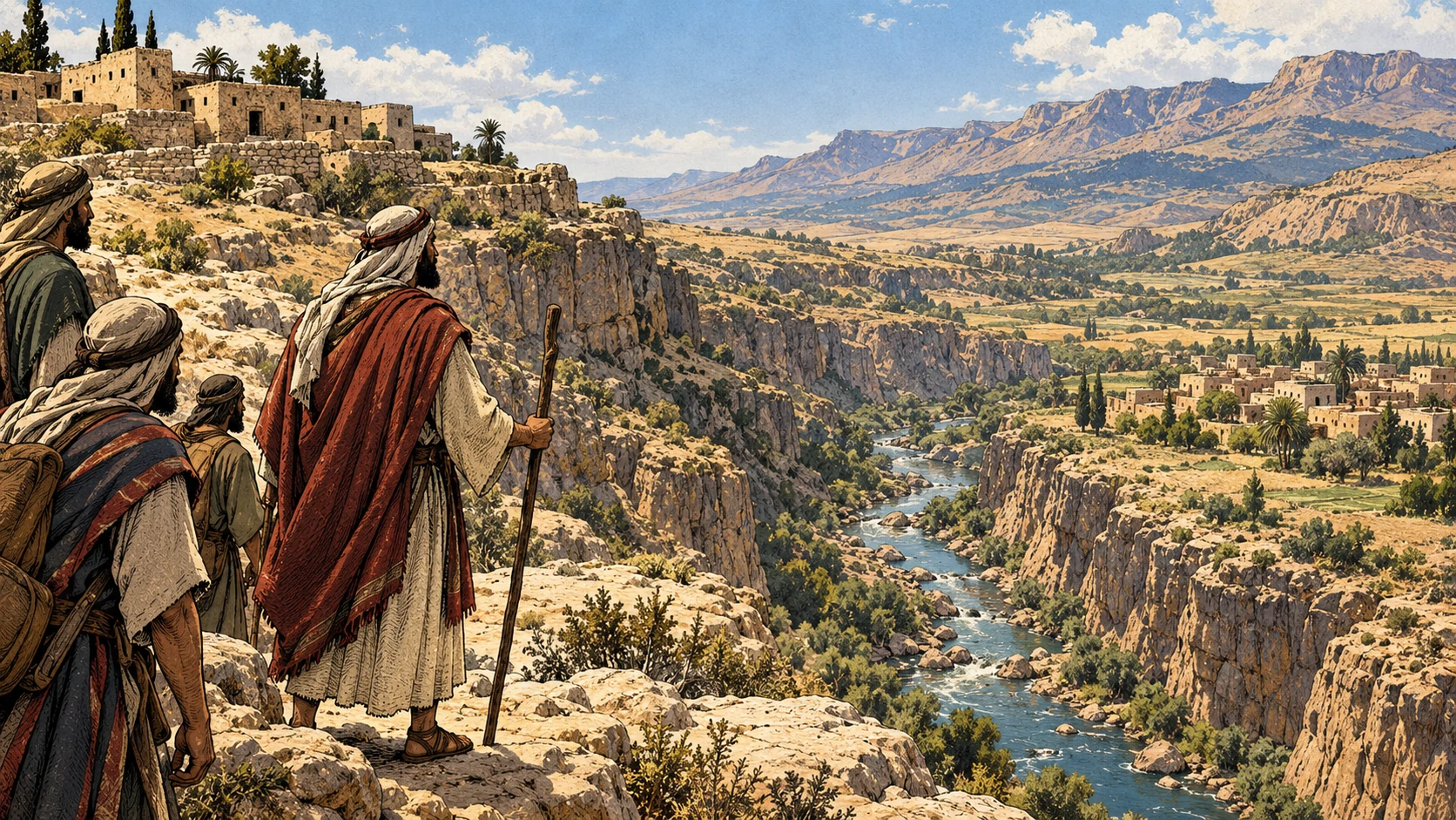 Travelers overlook an Arnon-edge settlement, valley town and distant rising hills.