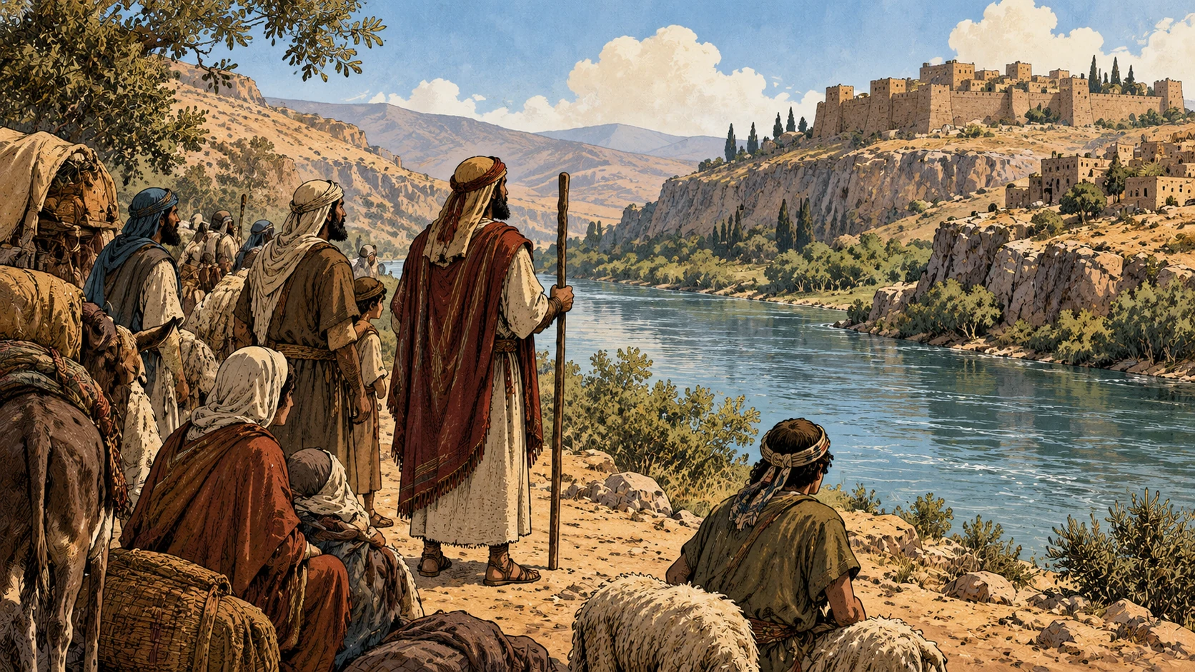 Travelers remain on the near riverbank opposite unentered hill settlements.