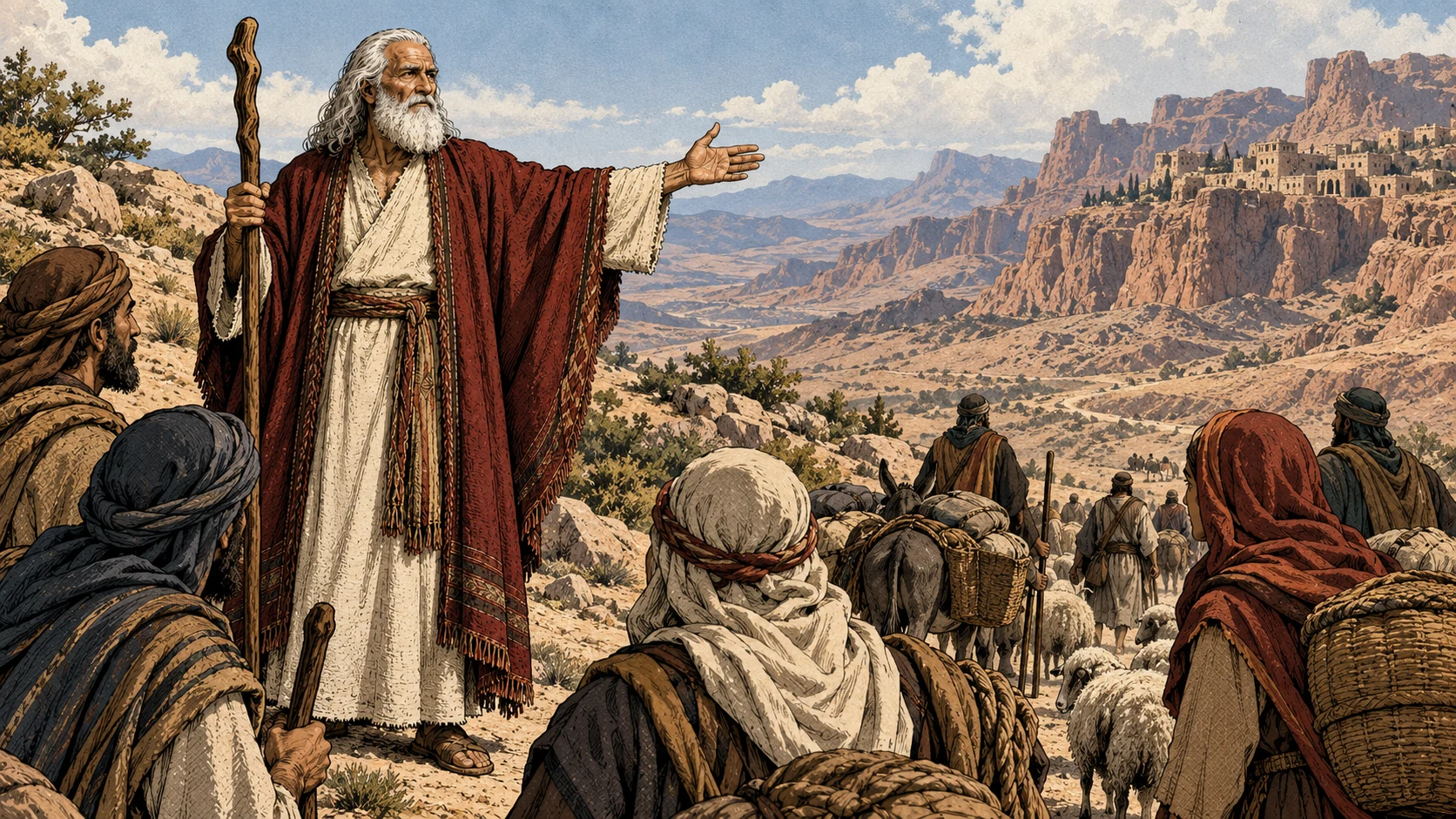 Moses instructs travelers with the distant Seir settlement beyond them.