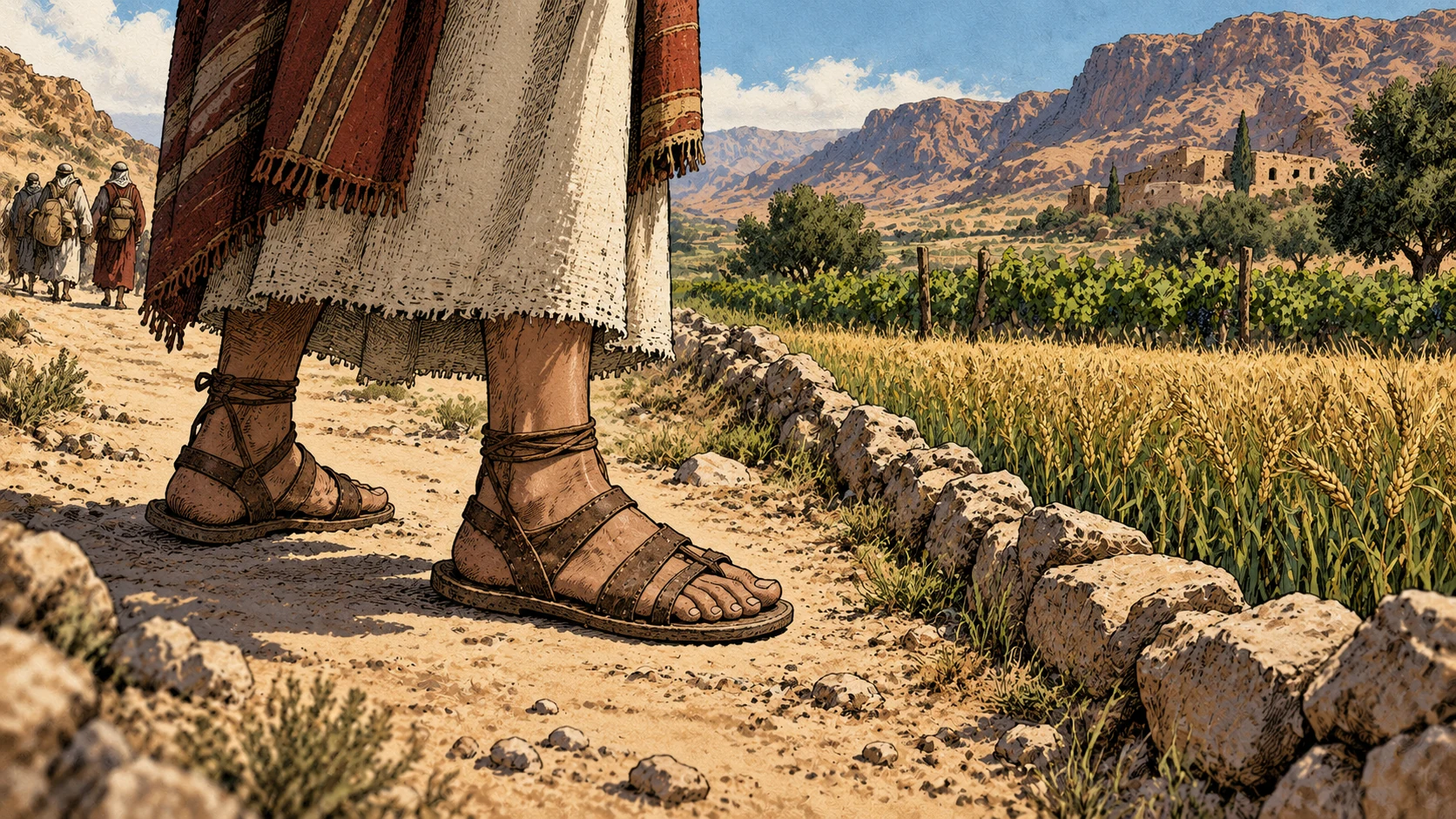 A traveler stops on the road beside an untrampled cultivated field.
