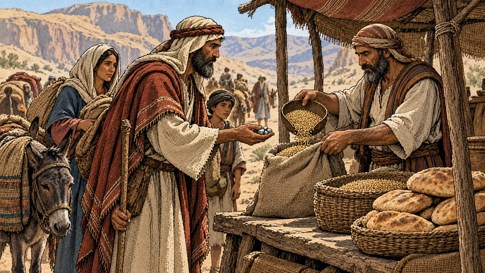 An anonymous traveler offers silver pieces for grain and bread at a roadside stall.