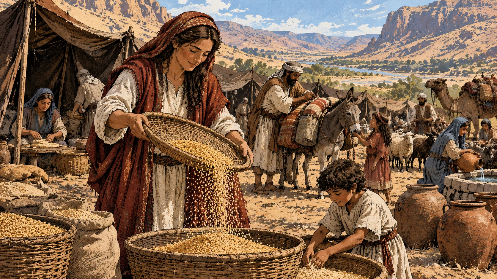 Families work with grain baskets, water jars and pack animals in a wilderness camp.
