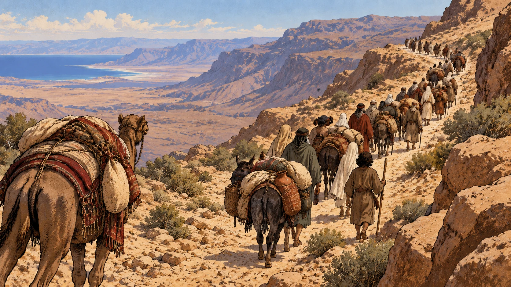 An anonymous caravan winds along a dry mountain route above the basin.