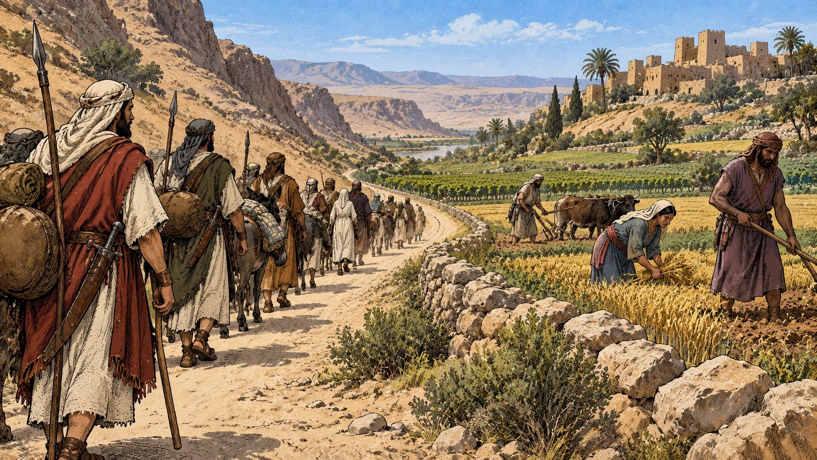 Travelers stay on the road as Moabite farmers work beyond the field boundary.