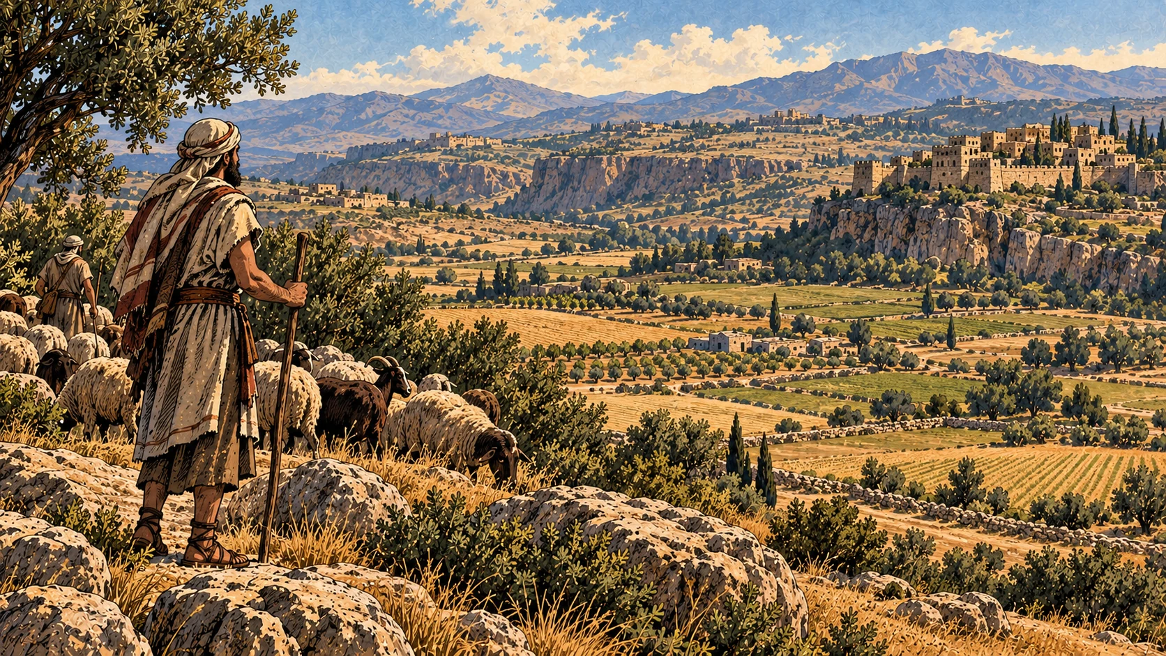 Pasture and cultivated tableland stretch toward distant stone towns.