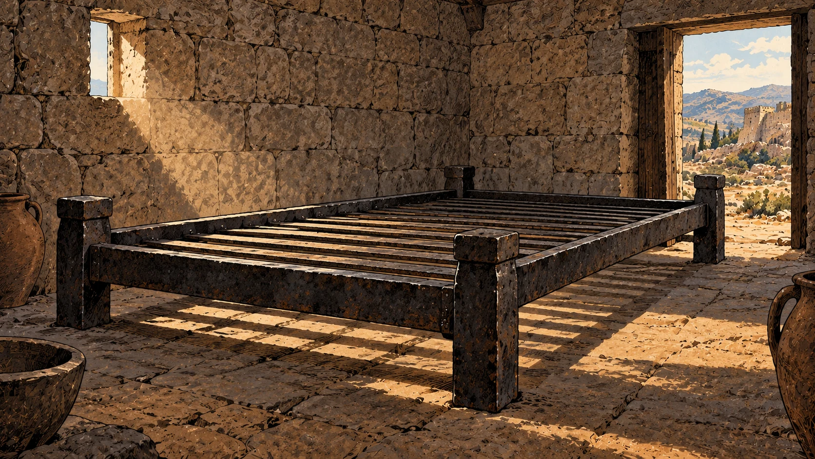 A large plain iron bed frame in an ancient stone chamber.