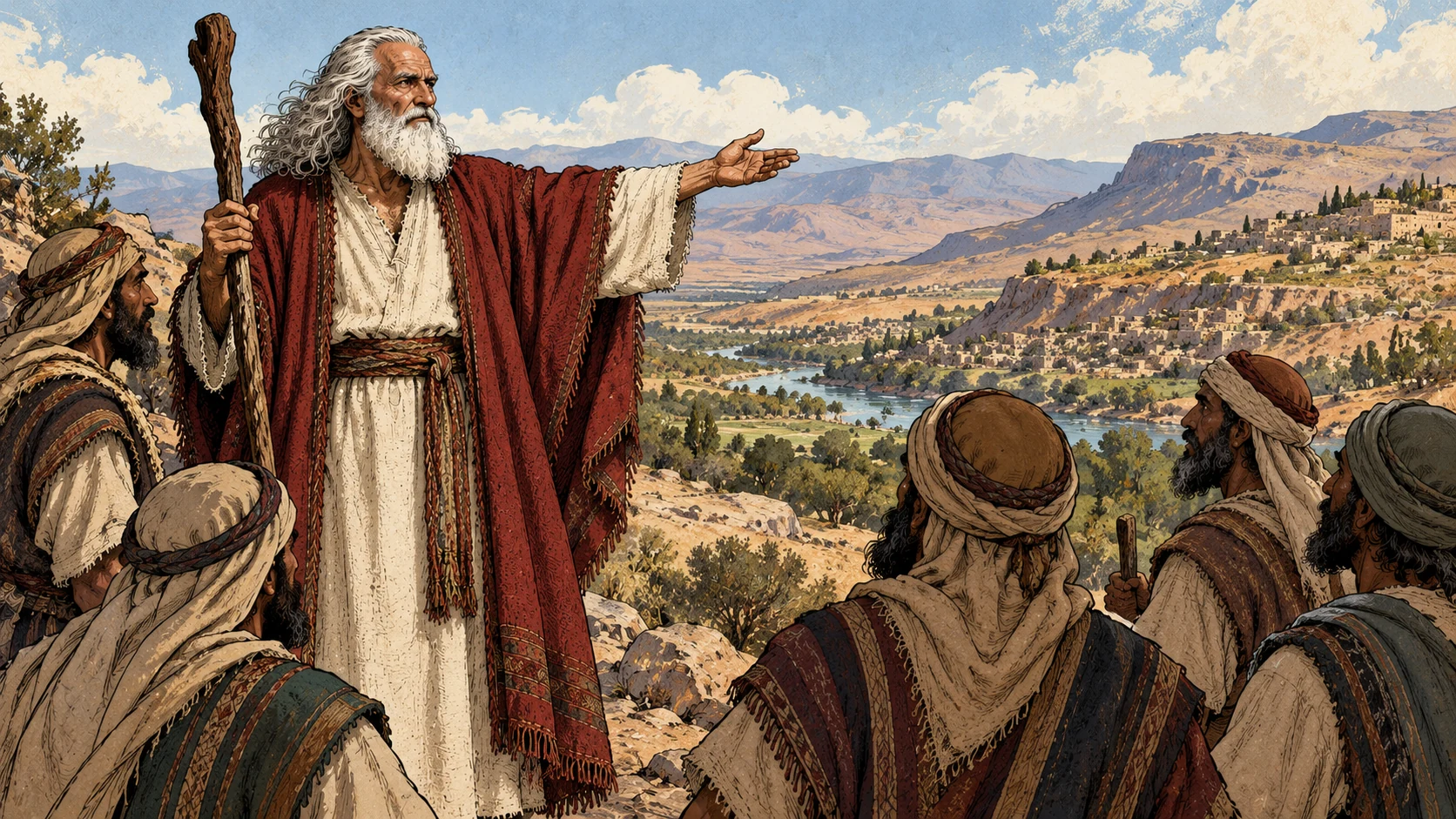 Moses gestures toward eastern settlements as representatives listen.