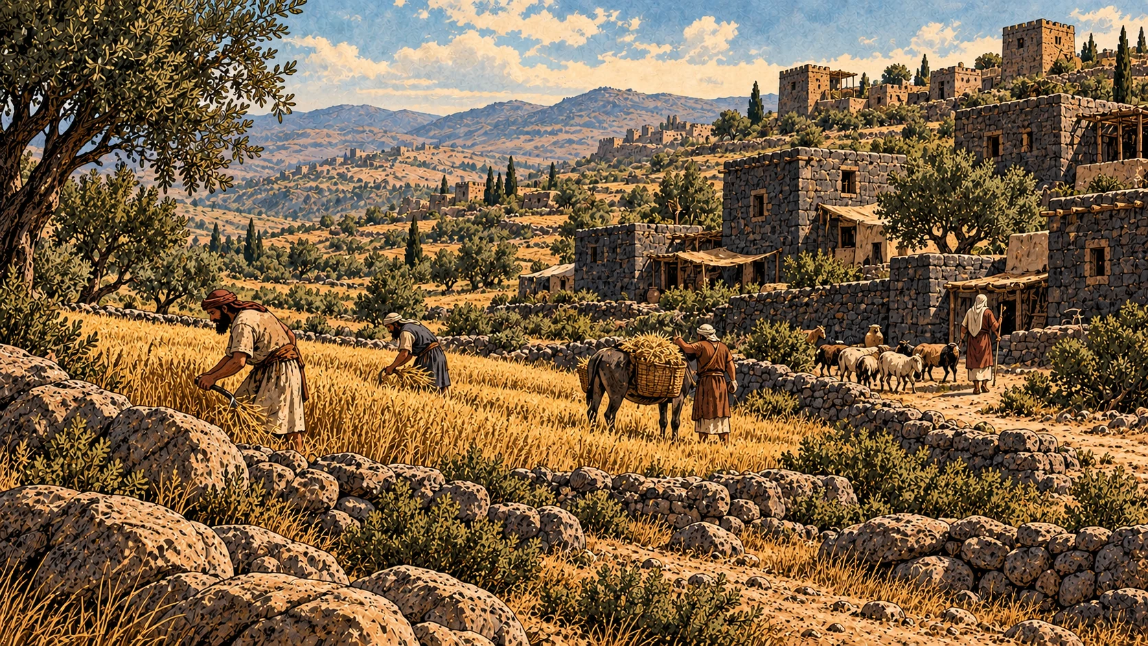 Basalt homes rise beside cultivated upland fields.