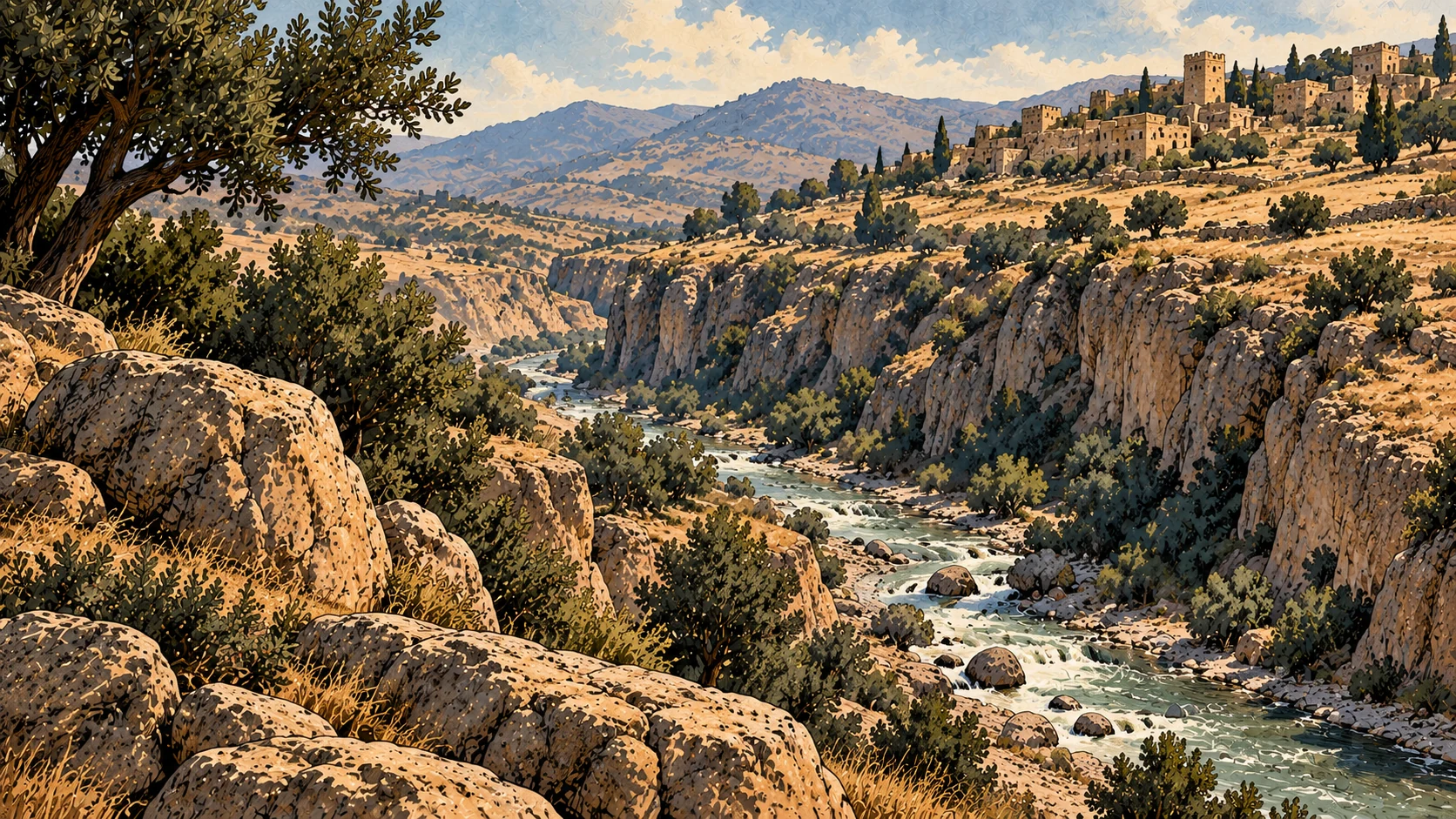 A river runs through a deep rocky valley beneath settled hills.