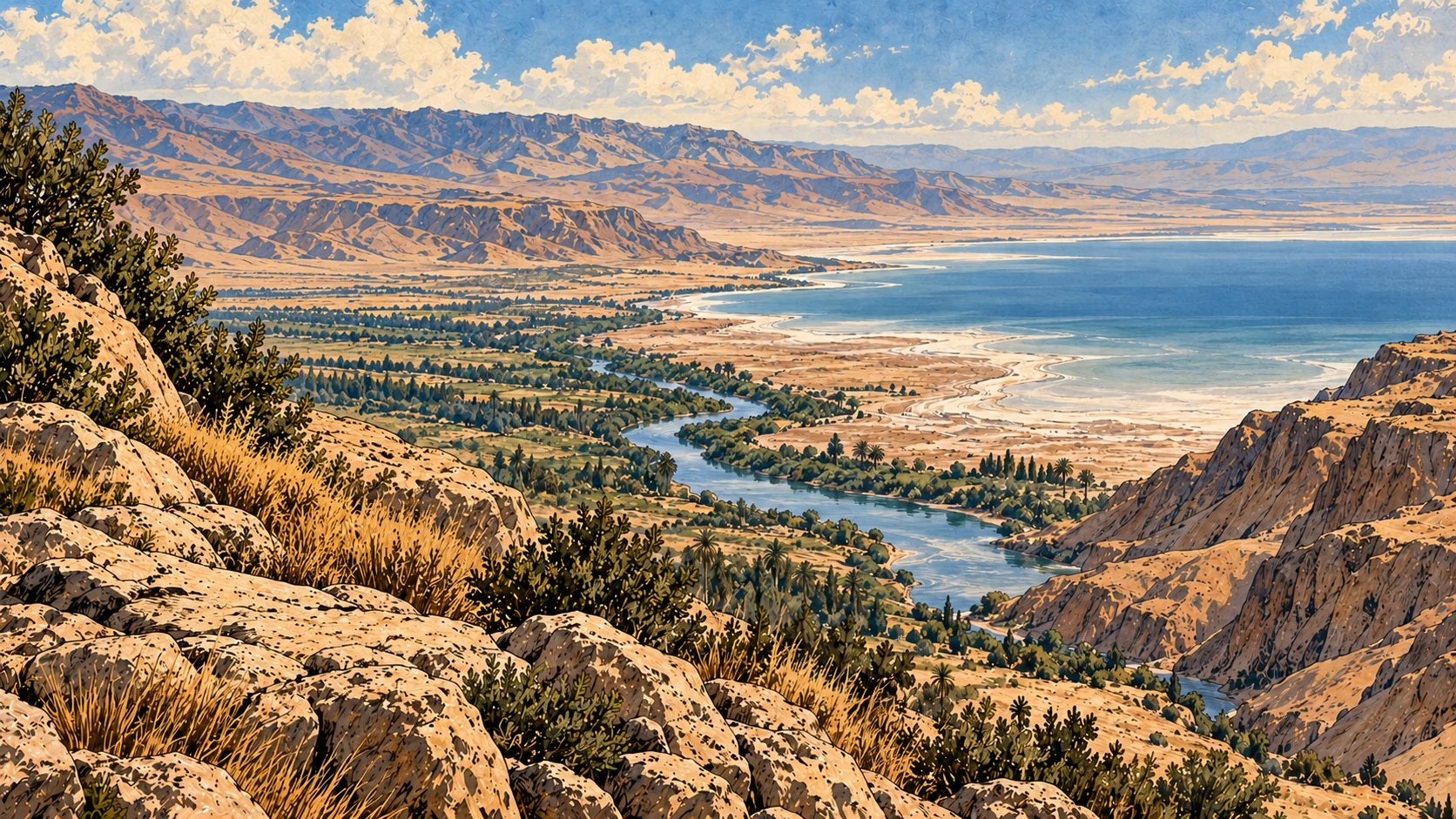 A river opens into a broad salt basin below eastern slopes.