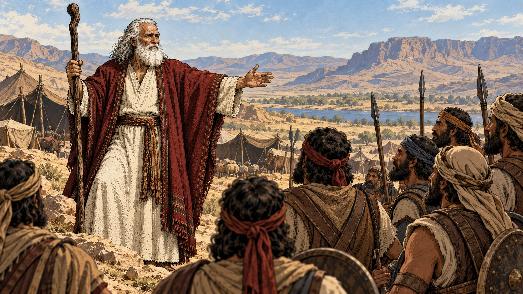 Moses addresses armed men beside the camp.