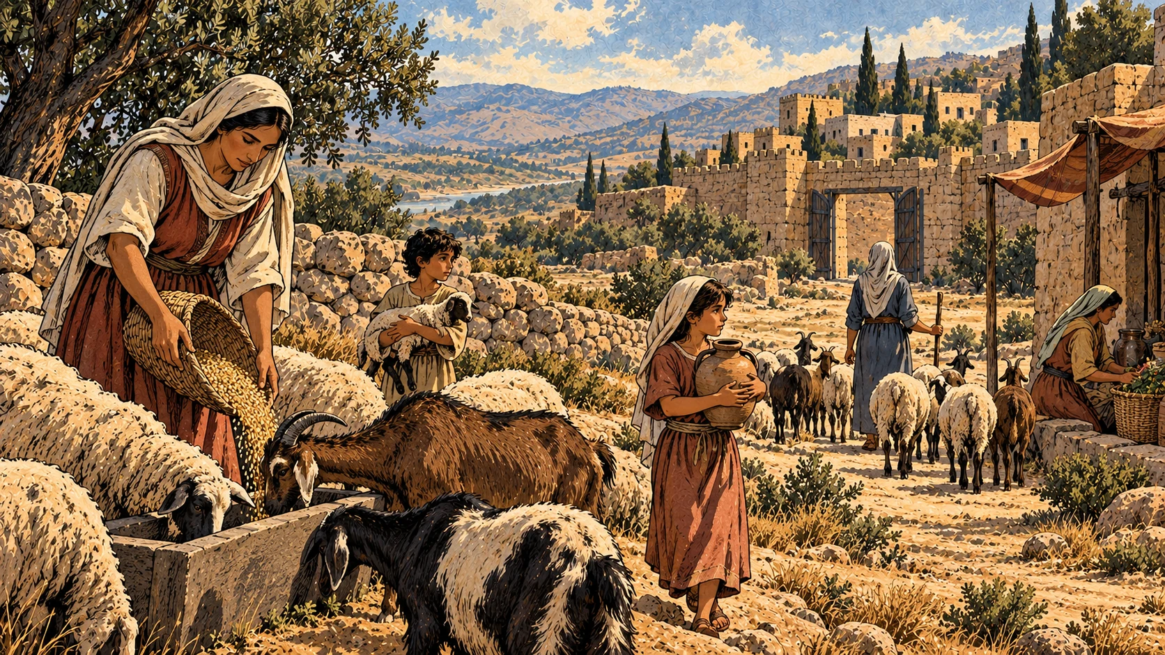 Women and children tend livestock beside settled homes.