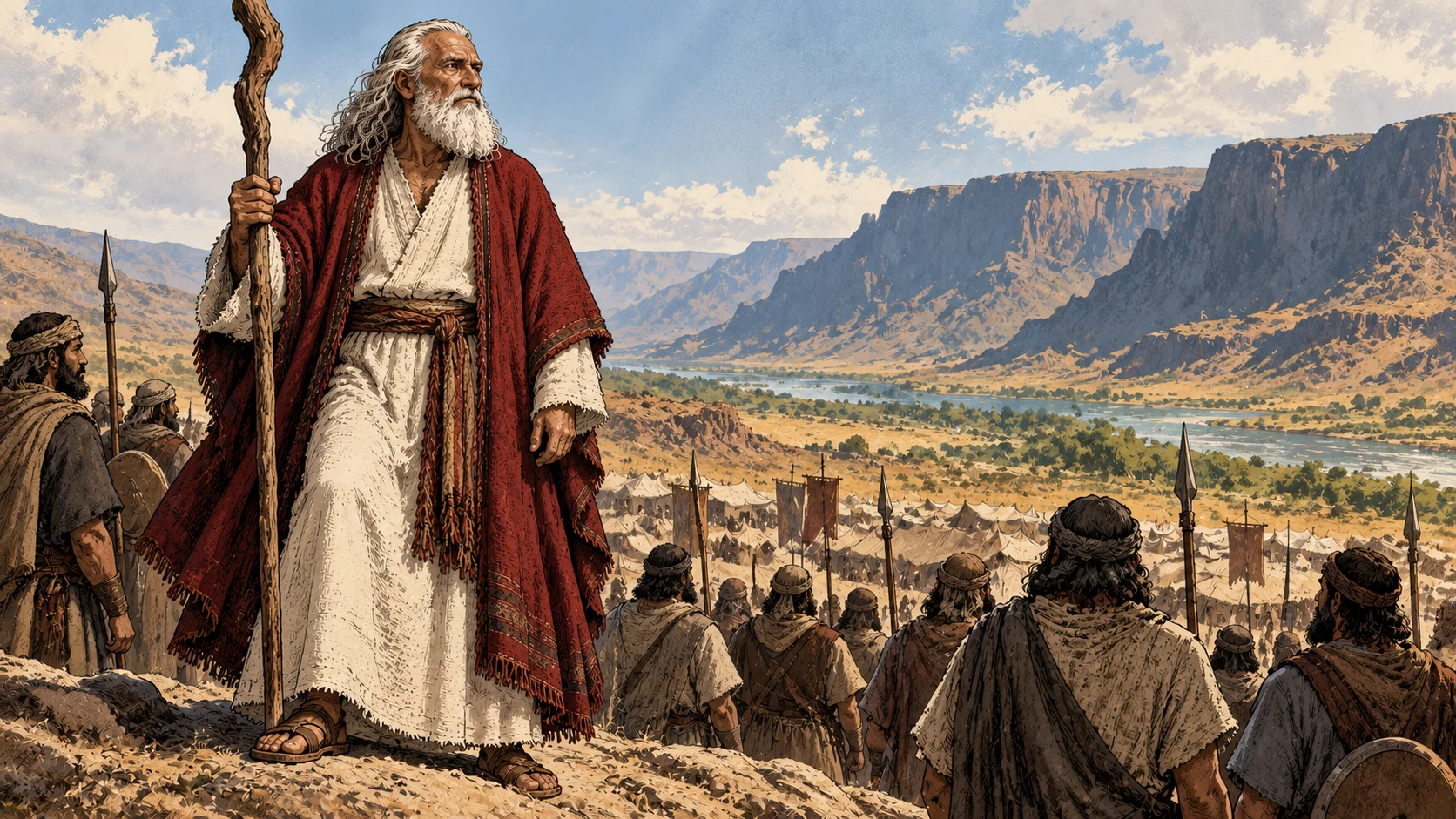 Moses stands resolute beside Israel’s armed camp.