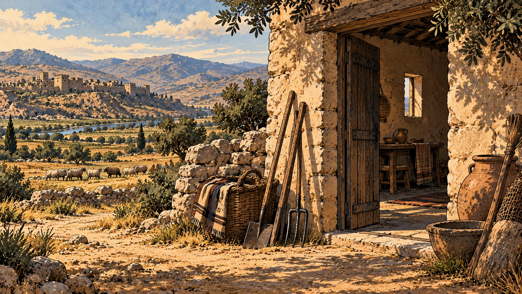 An empty home doorway faces pasture, with household tools nearby.