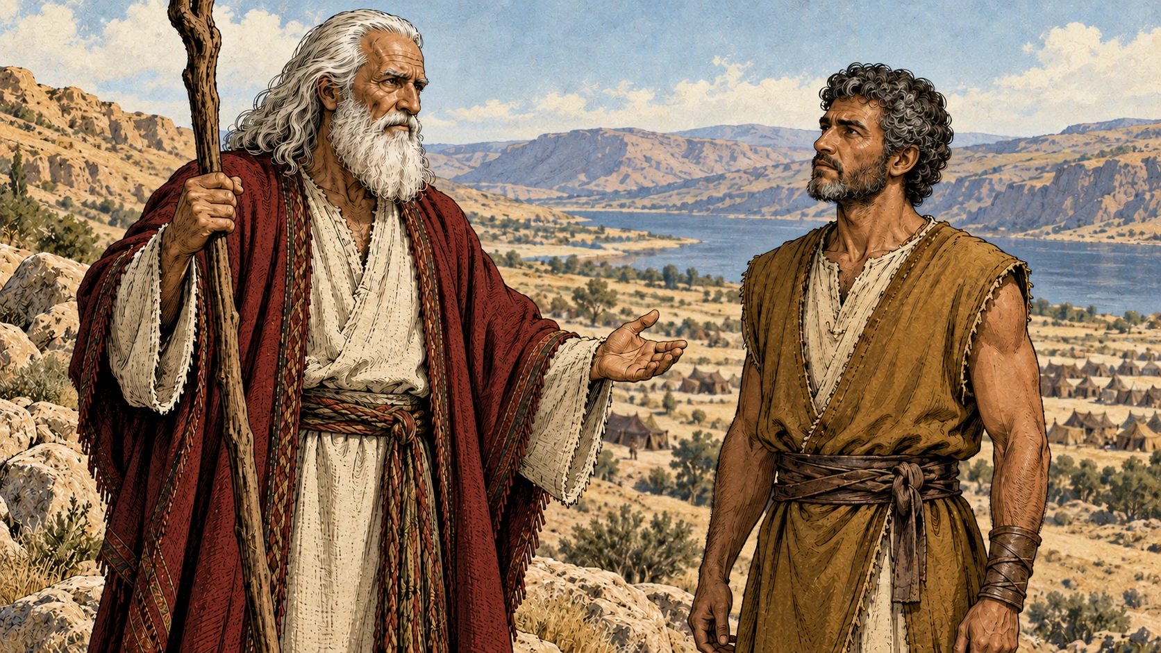 Moses speaks to the mature Joshua outside the camp.