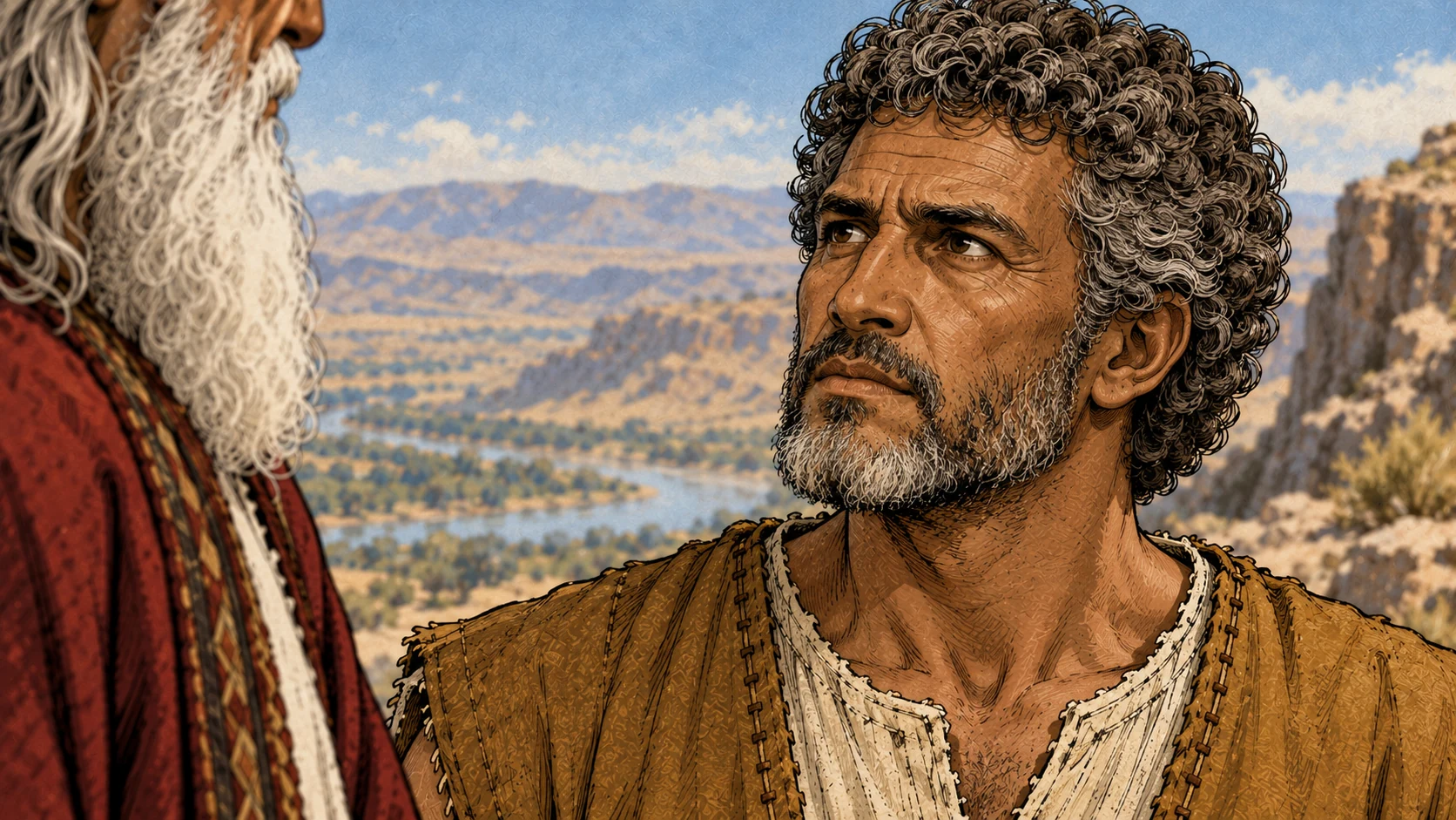 Mature Joshua listens steadily, with Moses at the edge of the close view.