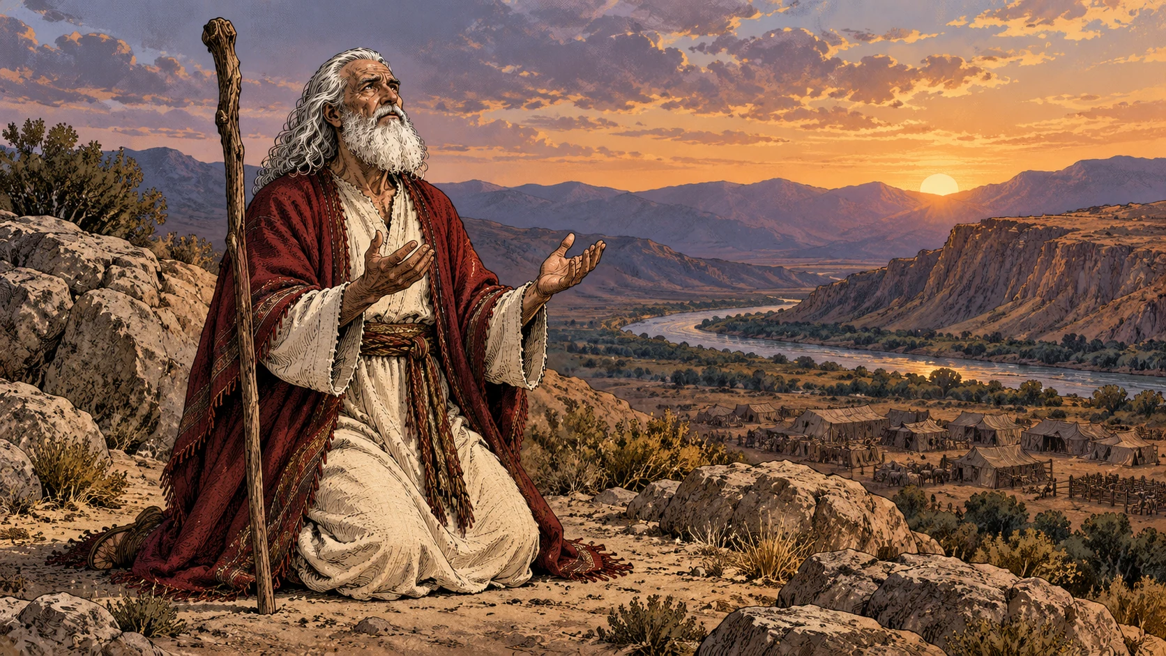 Moses kneels in prayer beyond the camp at evening.