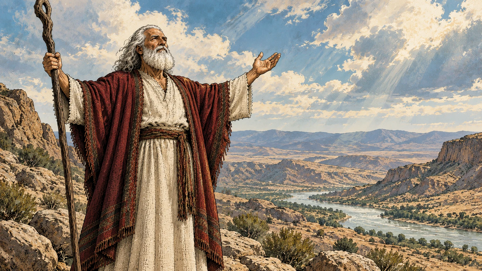 Moses lifts an open hand beneath an immense sky.