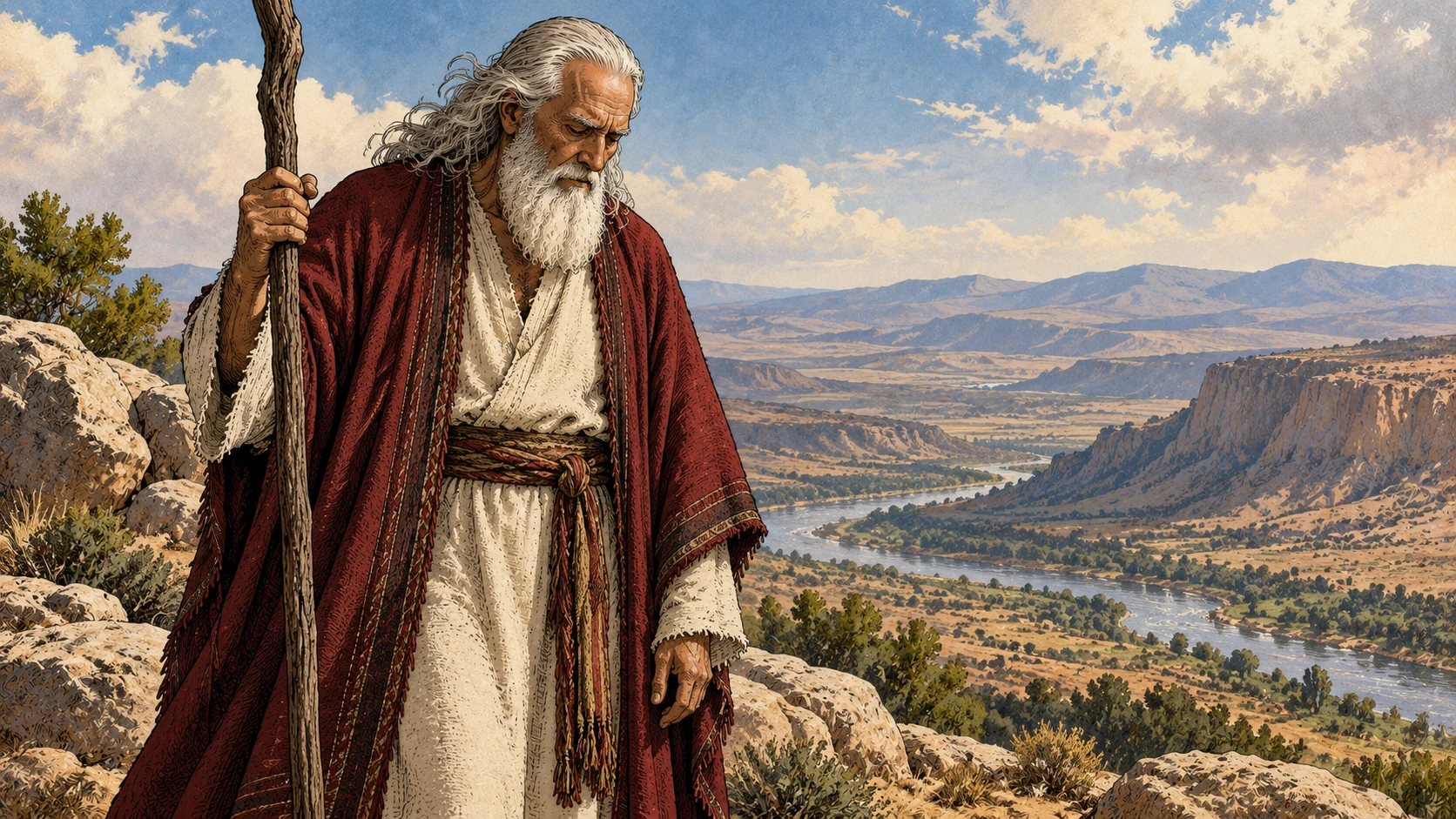 Moses lowers his gaze in pain and restraint.