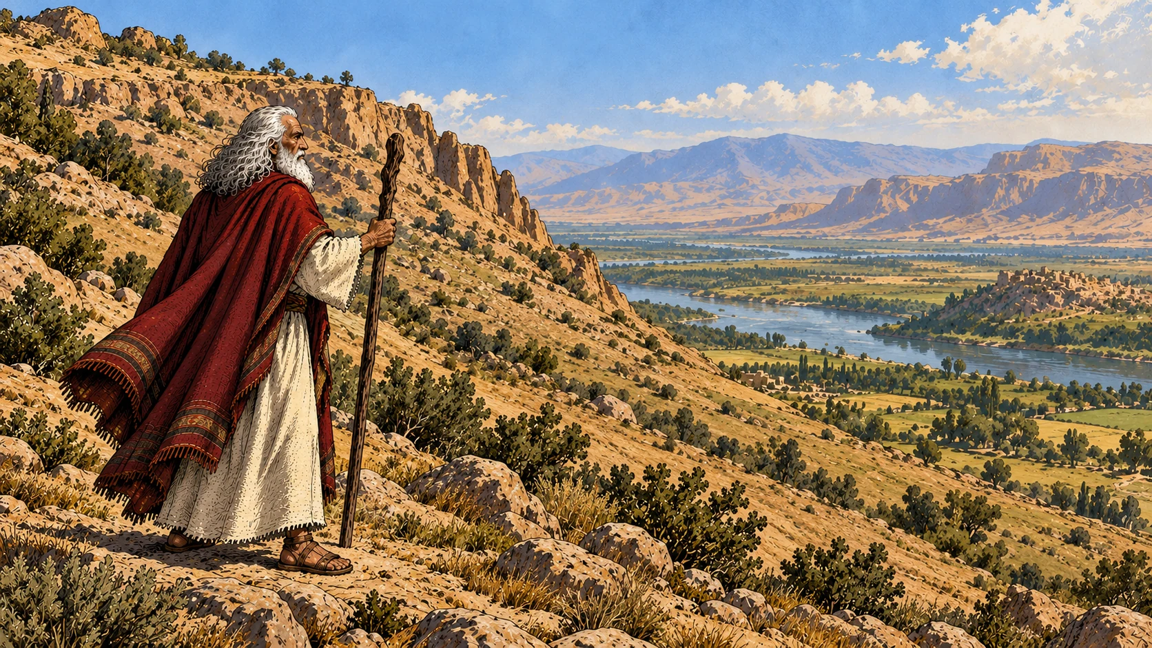 Moses looks toward the land from a lower hillside beneath a higher ridge.