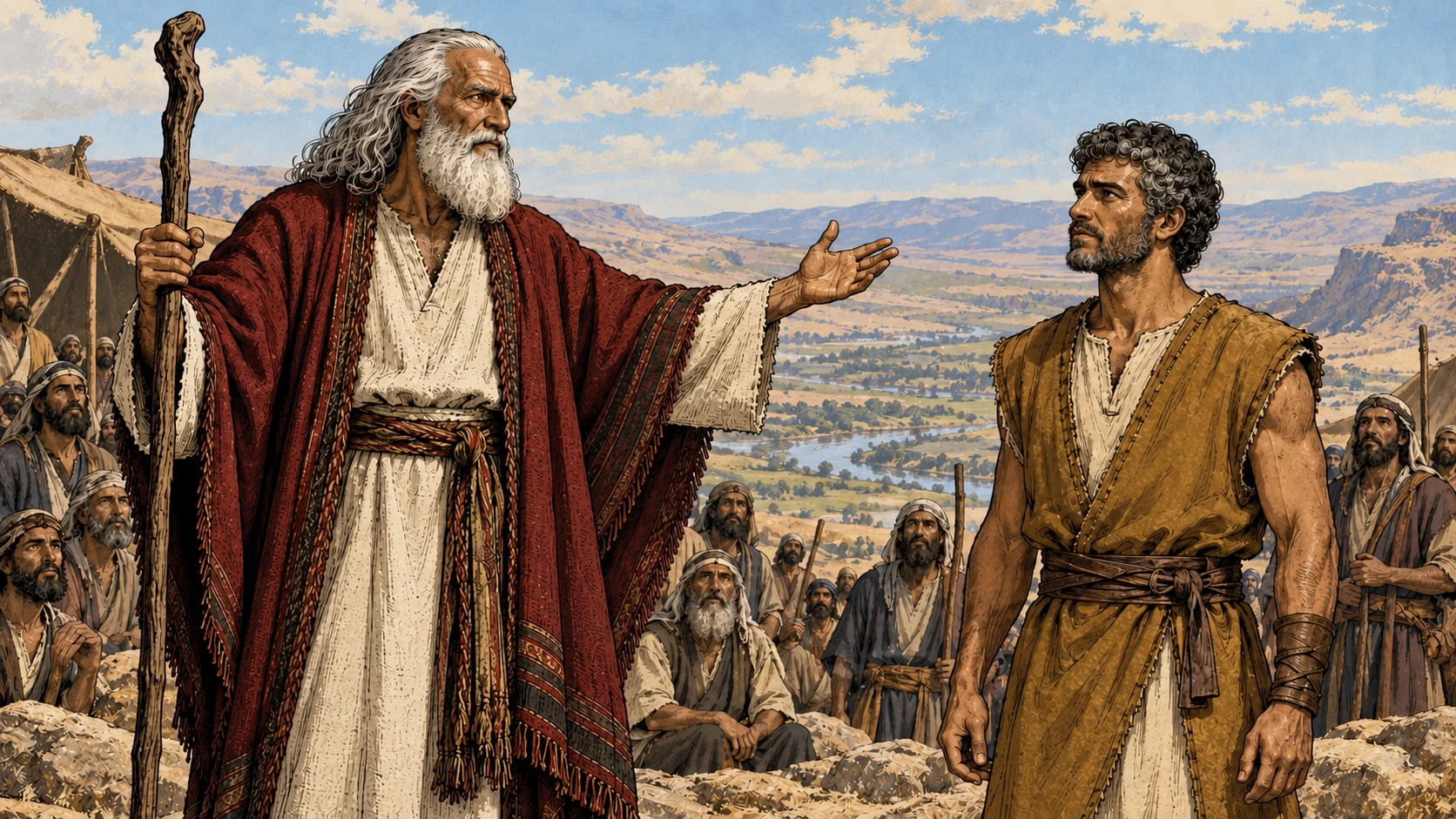 Moses gestures toward the mature Joshua before attentive listeners.