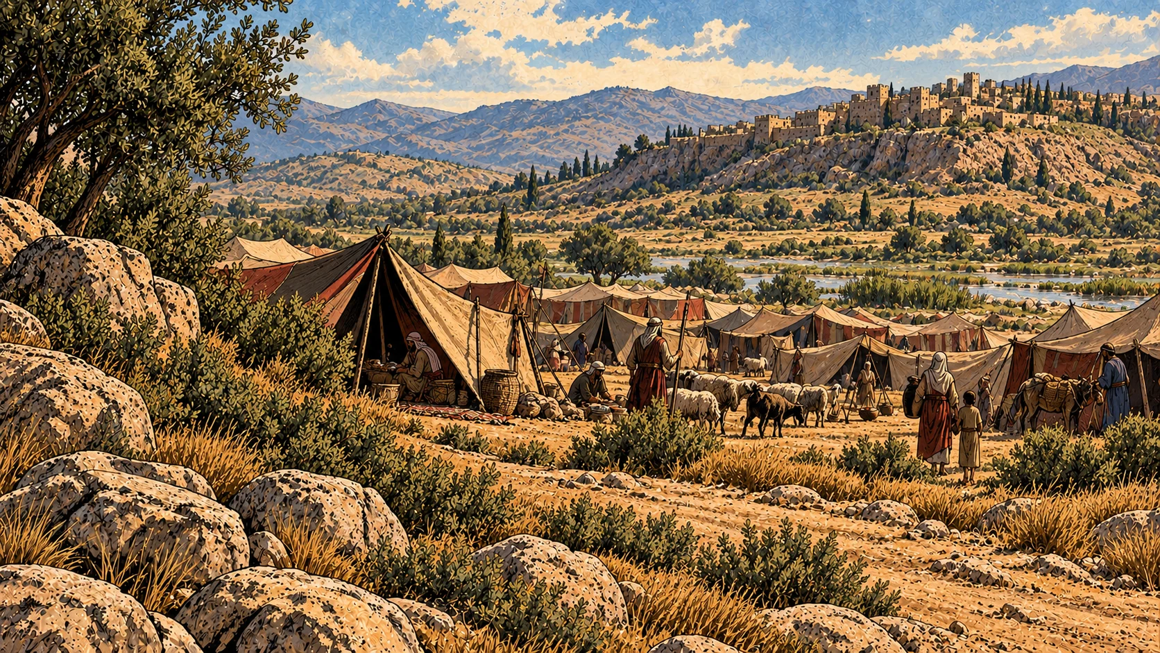 Israel’s tents fill a valley opposite a distant ridge settlement.