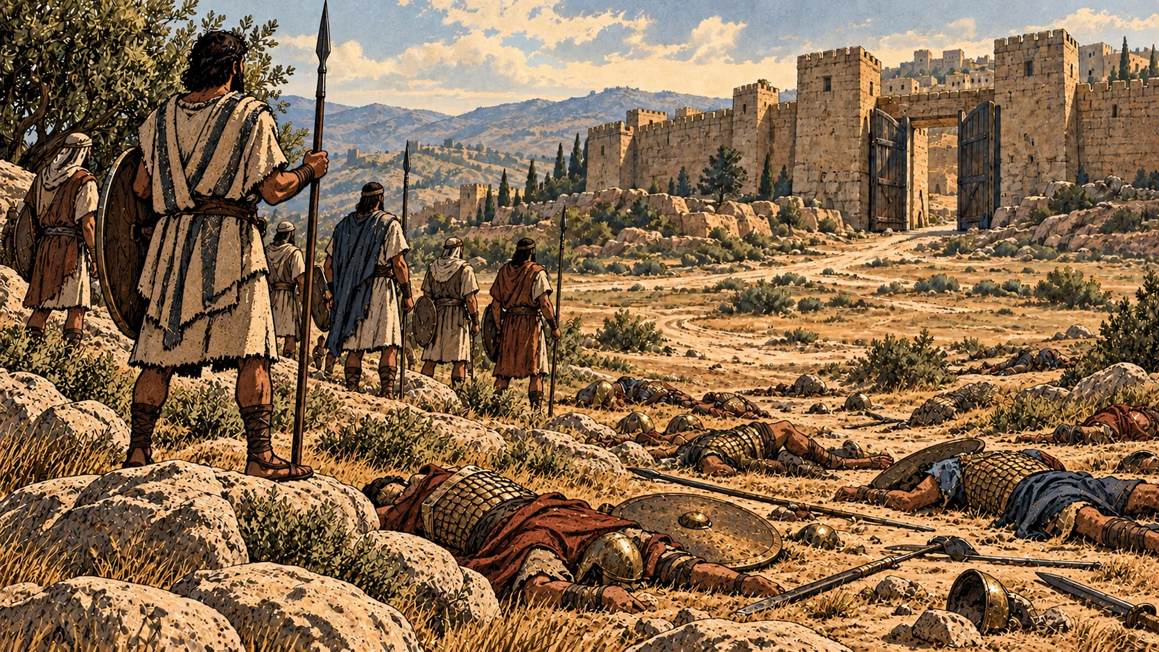 Fallen fighters lie on the battlefield as Israelites stand nearby.