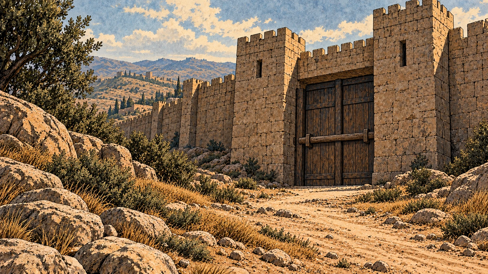 Heavy double timber doors and a bar beneath a high stone wall.
