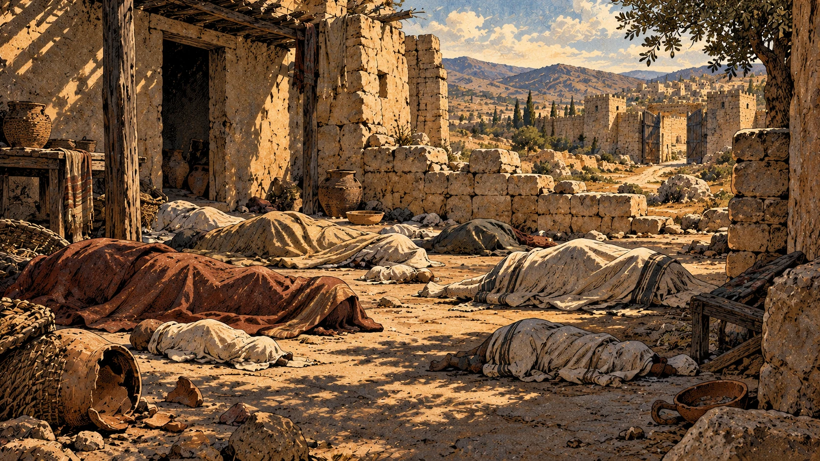 Cloth-covered bodies of adults and children in a ruined courtyard.