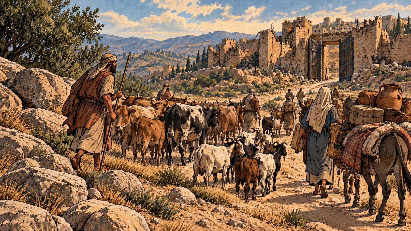 Israelites lead livestock away from a damaged Bashan town.