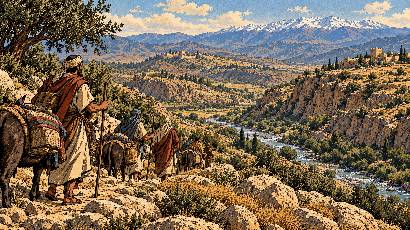 A rocky river valley below distant snowy mountains.