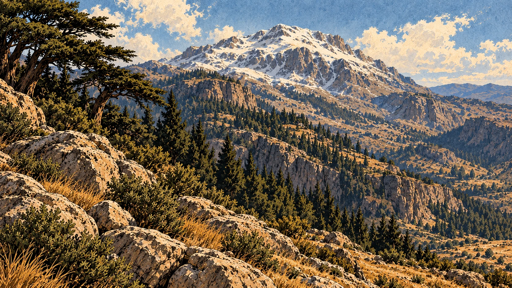 A snow-dusted summit above wooded slopes.