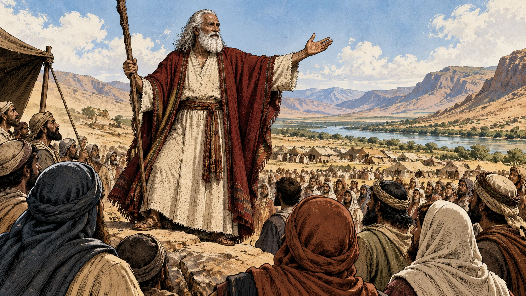 Moses teaches the assembled people beside the eastern camp.