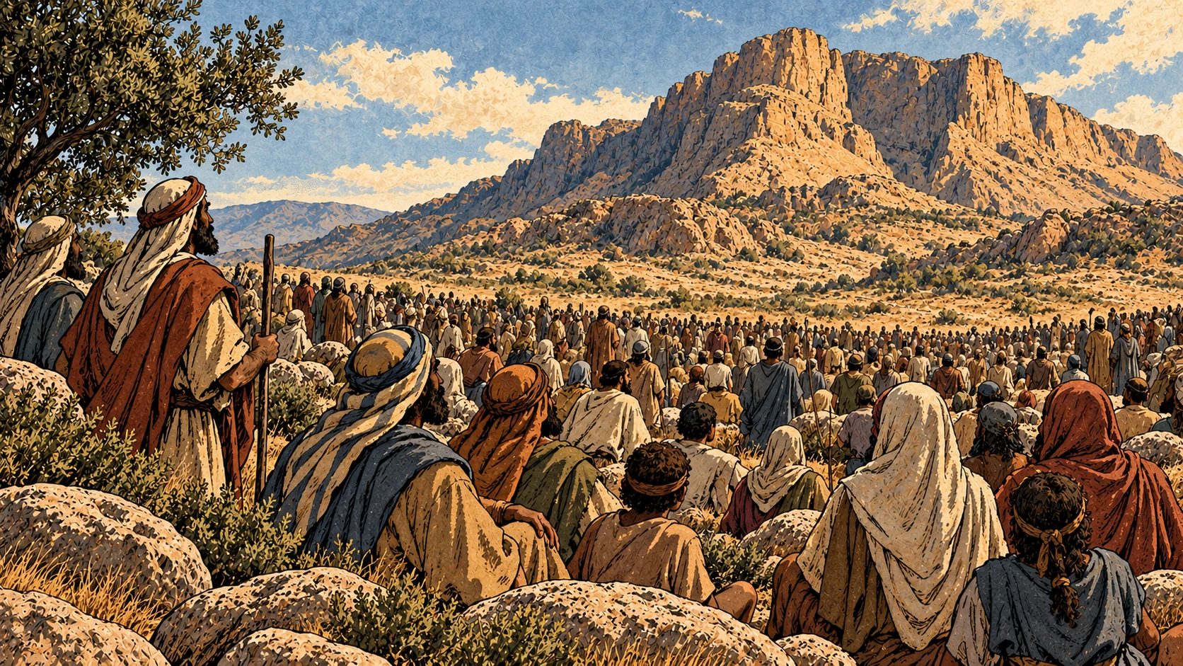 Israel gathers at the foot of a bare mountain.
