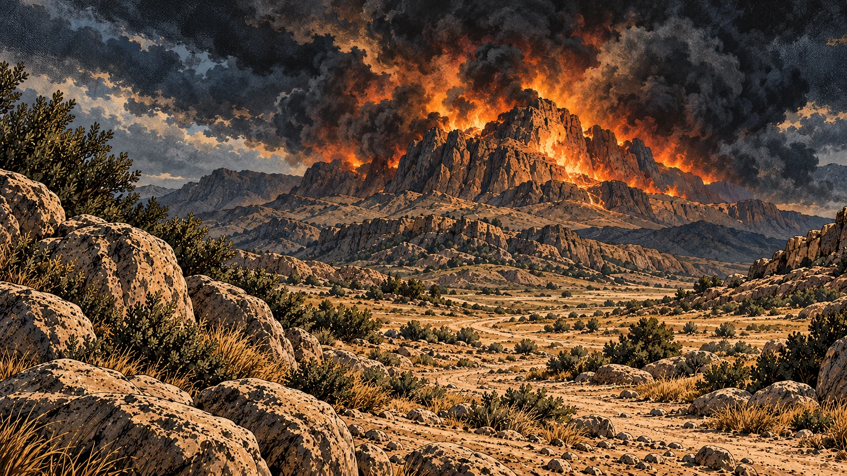 A bare mountain burns beneath dark cloud and gloom.