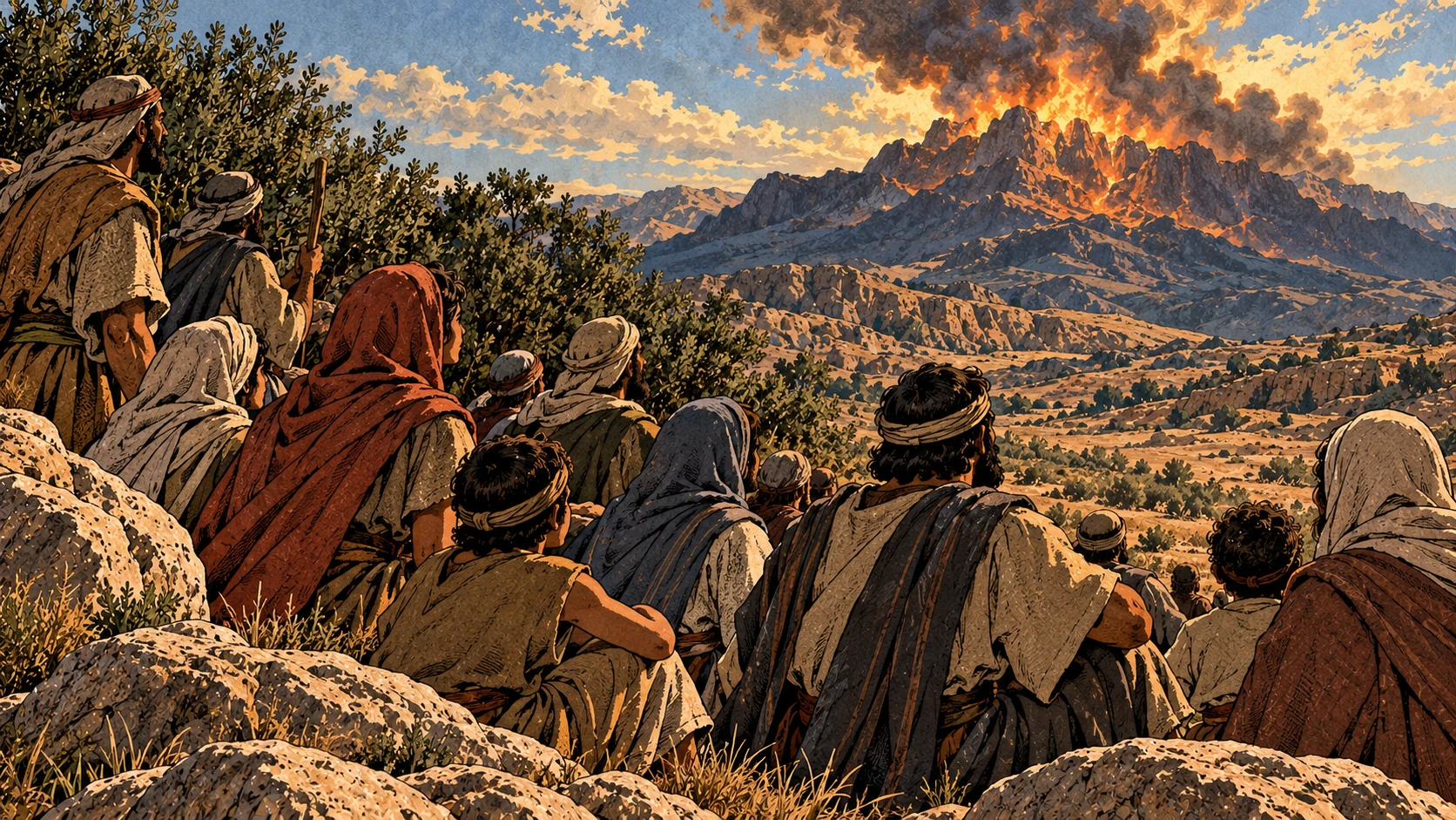 Anonymous listeners face the mountain fire.