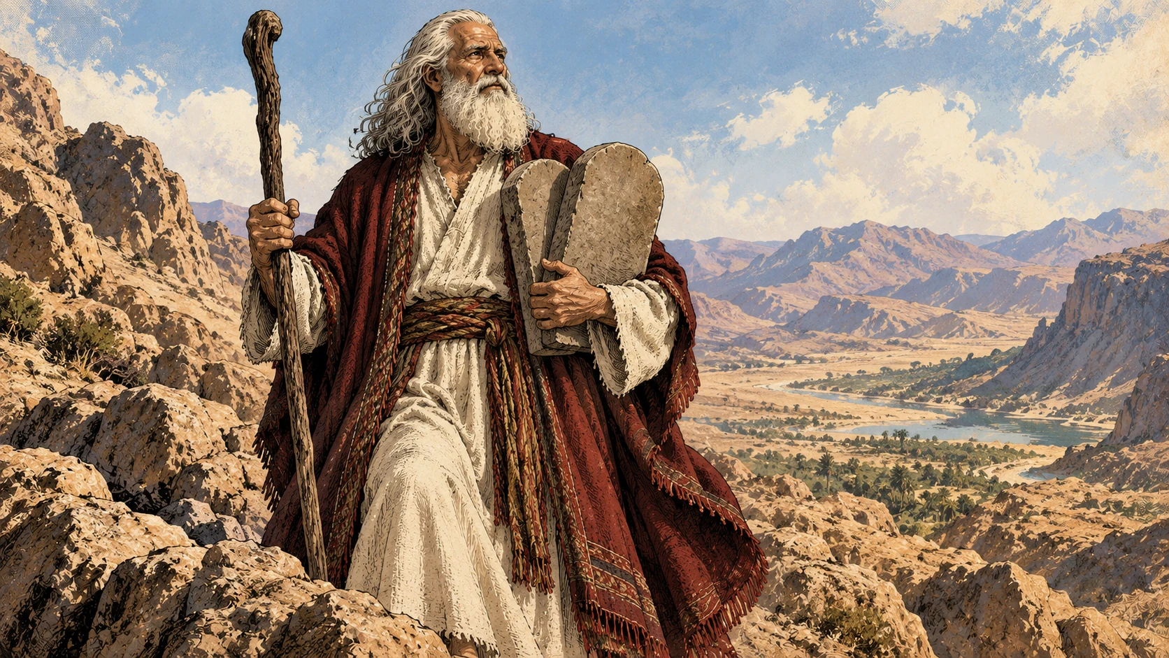 Moses holds two stone tablets with their plain backs visible.