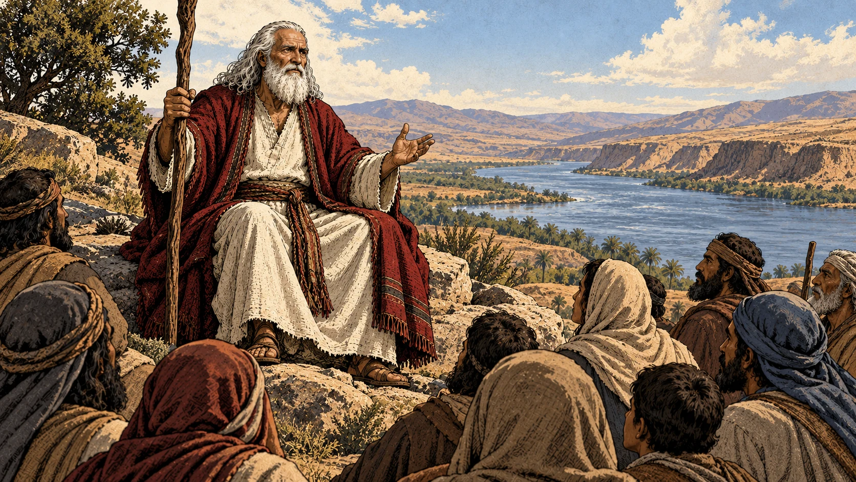 Moses sits teaching before a view of the uncrossed river.