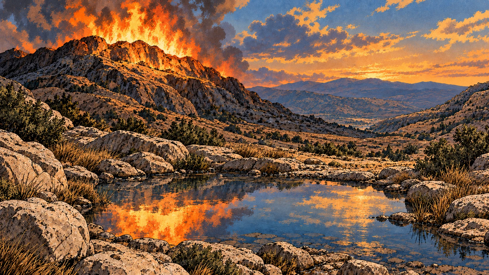 Mountain fire reflects in an empty pool amid bare rocks.