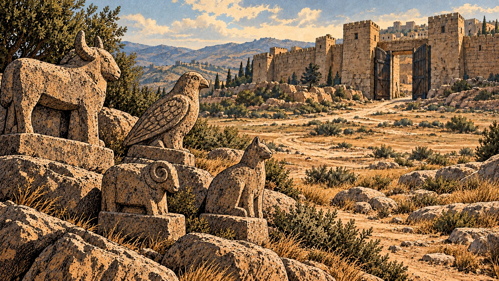 Generic carved animal and bird forms rest on stone surfaces.