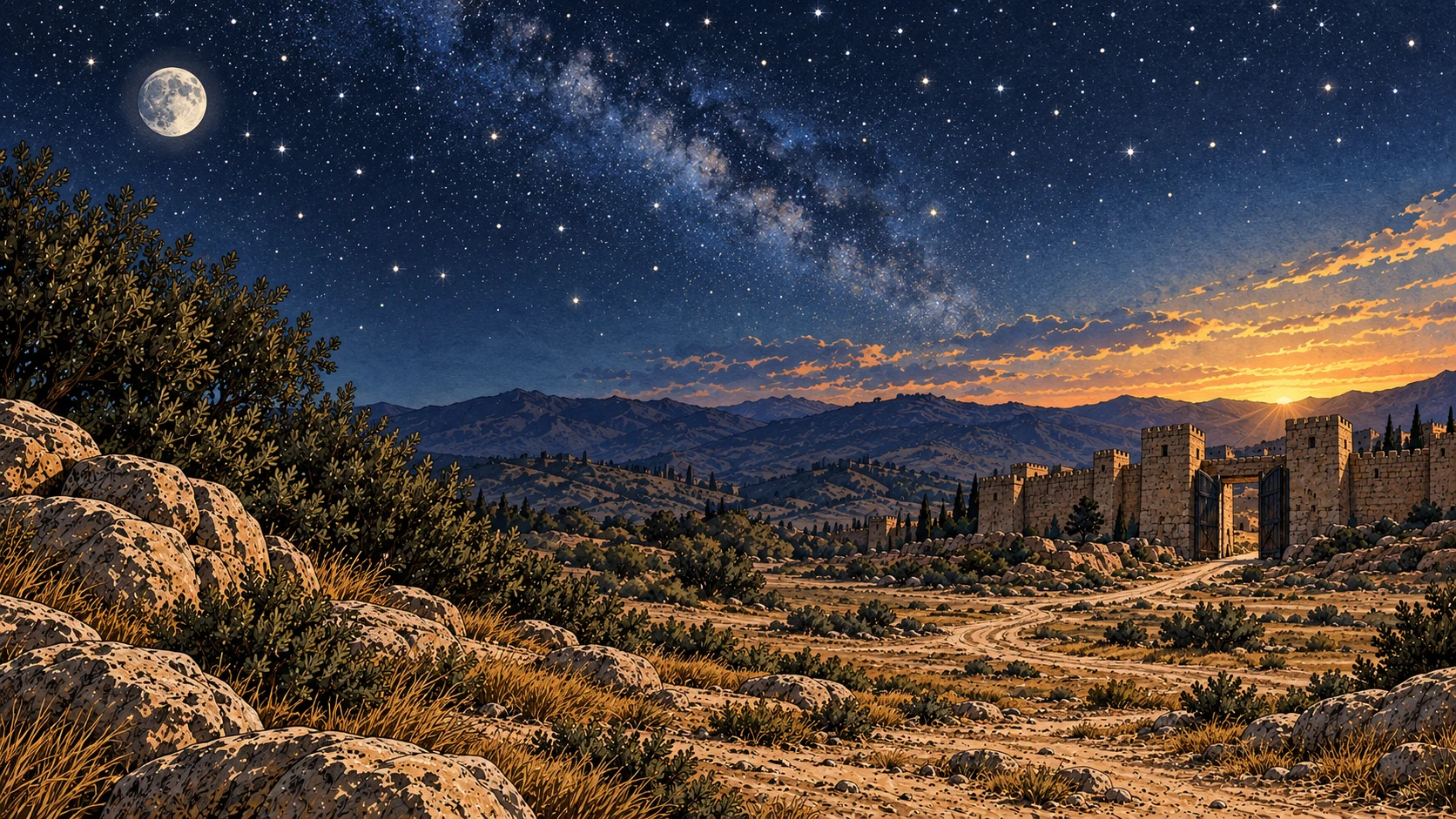 Moon, stars, and dawn light above an unoccupied landscape.
