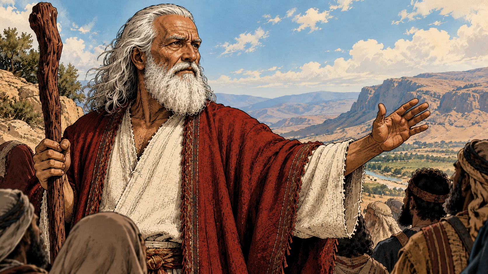 Moses addresses listeners with an open hand.