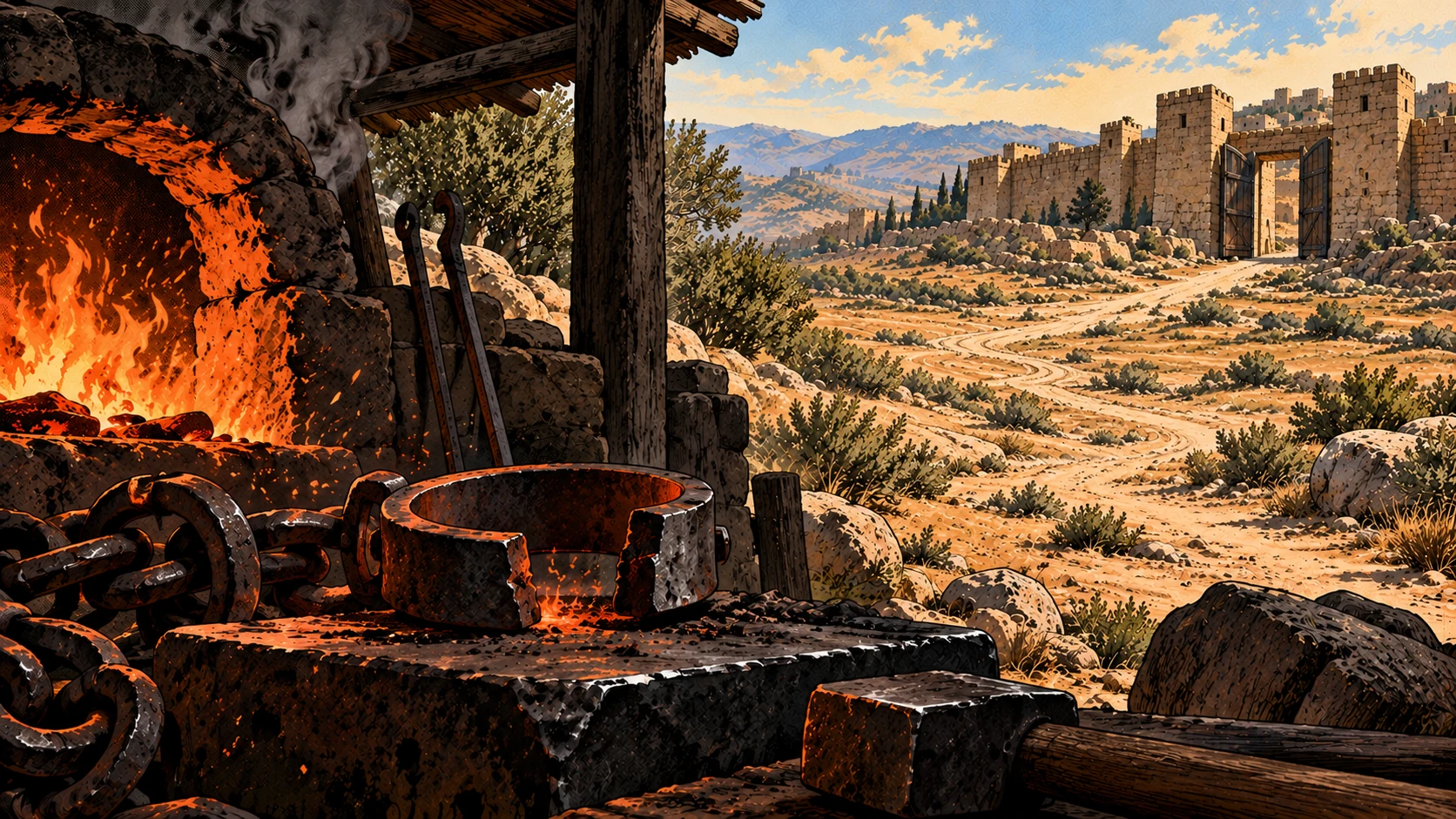 A furnace stands in shadow beside an empty sunlit path.