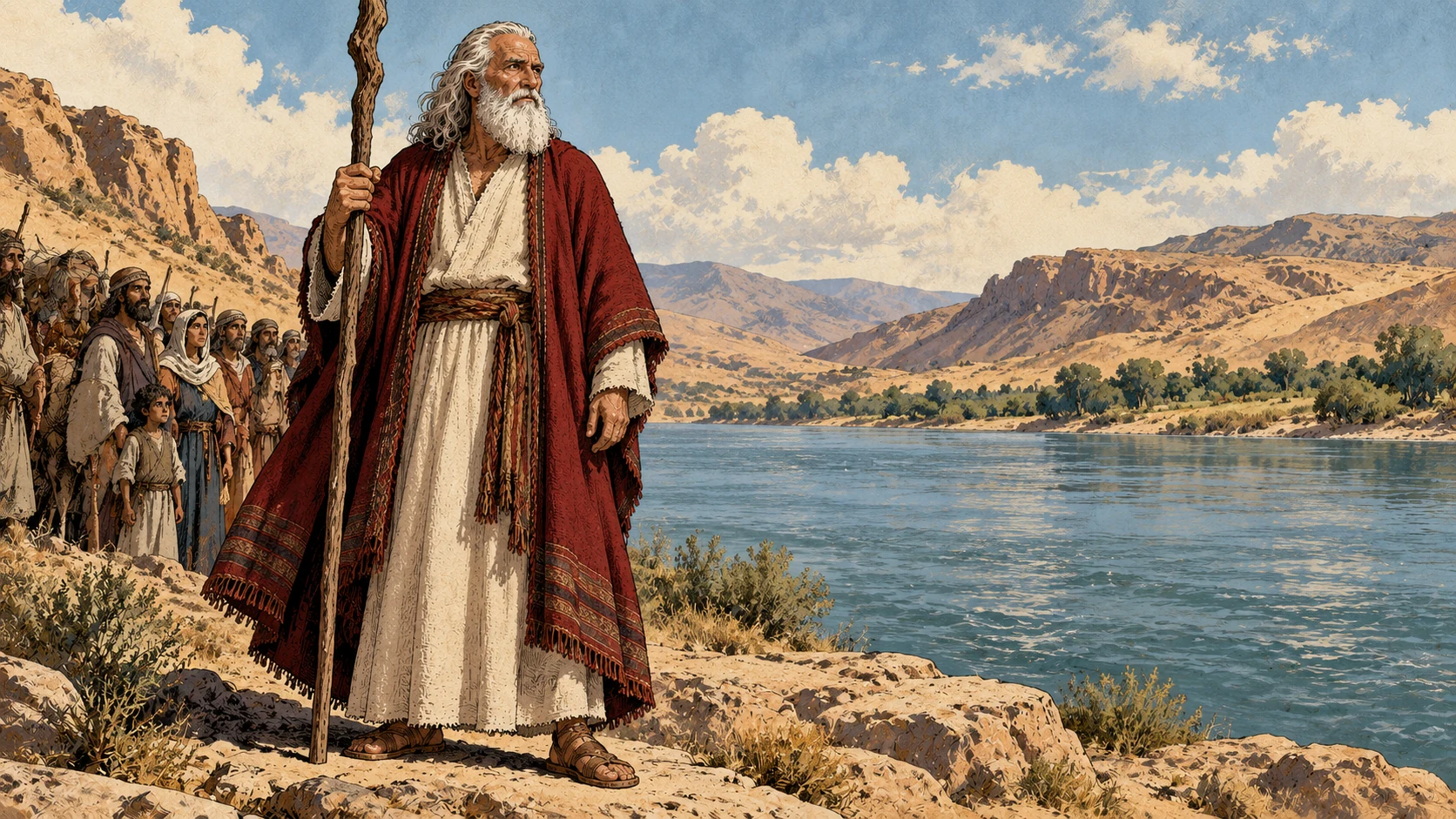 Moses stands apart from Israel beside the uncrossed river.